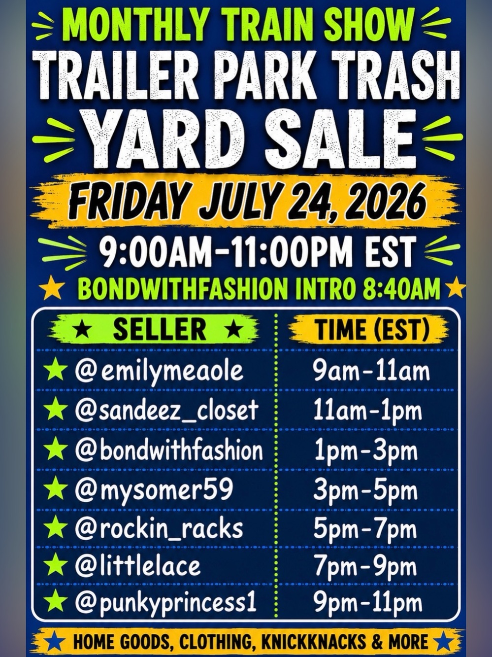 “Trailer Park Trash Yard Sale” Monthly Train
Show July 24th 9am-11pm EST - Picture 2 of 10